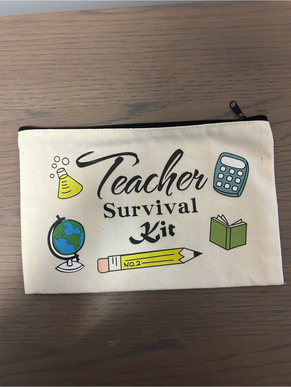 Teacher Survival Kit Pencil Case - Cream with Multicolor School Icons